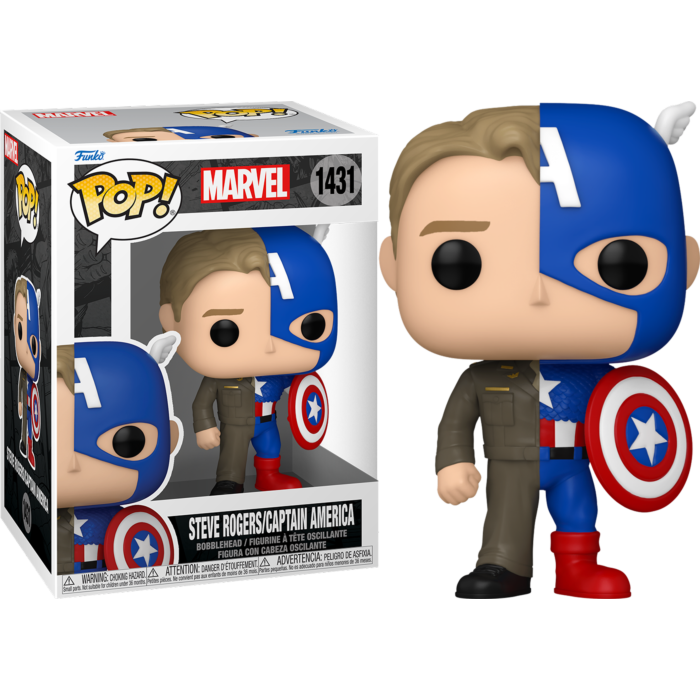 Figura de vinilo Funko Pop de Steve Rogers y Capitán América junto a su caja en fondo negro.