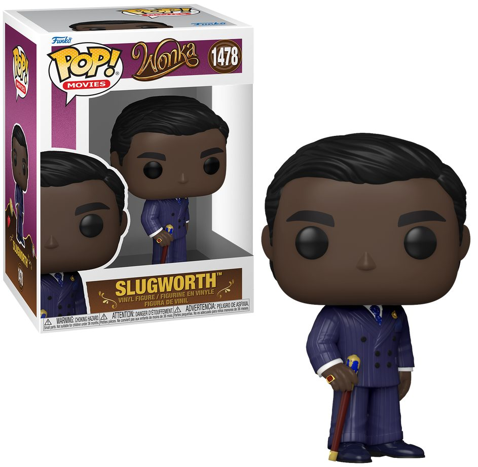 Figurka winylowa Slugworth Funko Pop w niebieskim garniturze w paski z laską, obok pudełka.