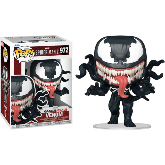 Figura de vinilo Venom Funko Pop de Spider-Man 2 con grandes ojos blancos, dientes afilados y una larga lengua roja.