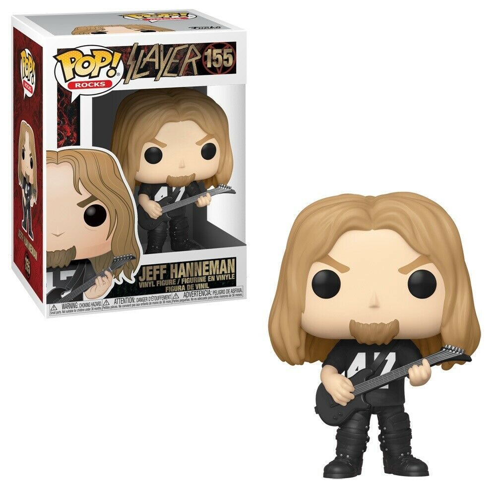 Jeff Hanneman Funko Pop Vinyl-Figur mit langen blonden Haaren und Gitarre, neben der Schachtel.