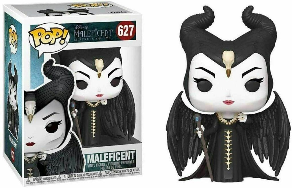 Funko Pop Maleficent Vinylfigur mit Hörnern, Stab und Schachtel.