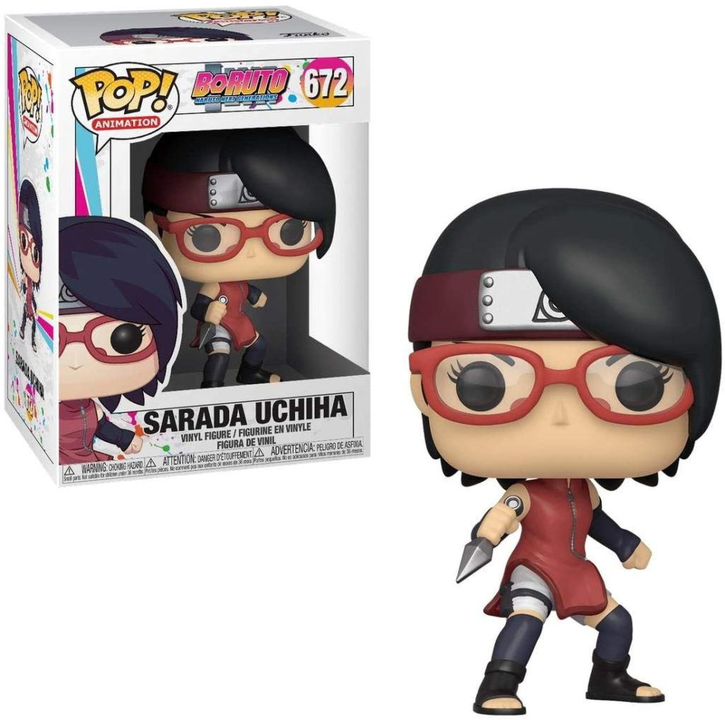 Figura de vinilo Pop de Sarada Uchiha en caja con gafas rojas y kunai.