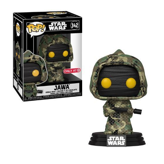 Star Wars Jawa Funko Pop-Figur in Tarnkleidung mit gelben Leuchtaugen und Waffe neben ihrer Verpackung.