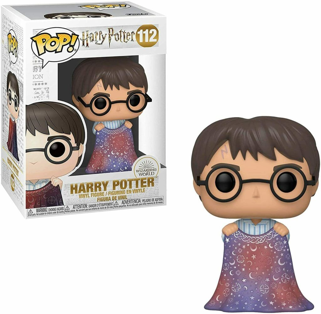 Figura Funko Pop de Harry Potter con capa de invisibilidad y su caja.