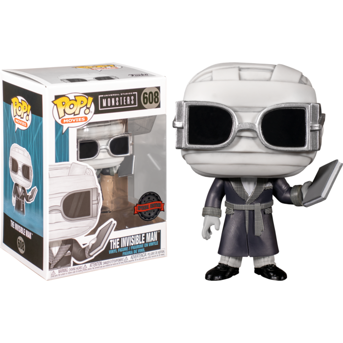 The Invisible Man Funko-Pop-Vinylfigur neben ihrer Verpackung auf schwarzem Hintergrund.