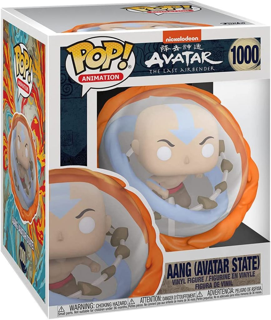 Figurka winylowa Pop! Aang w stanie Awatara w pudełku z elementami ziemi, ognia, wody i powietrza.