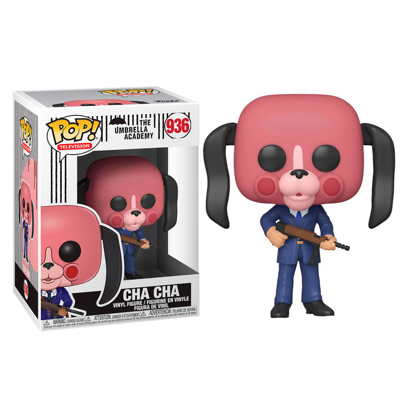 Cha Cha Funko Pop-Figur in blauem Anzug mit Hundekopf und Waffe, neben ihrer Verpackung.