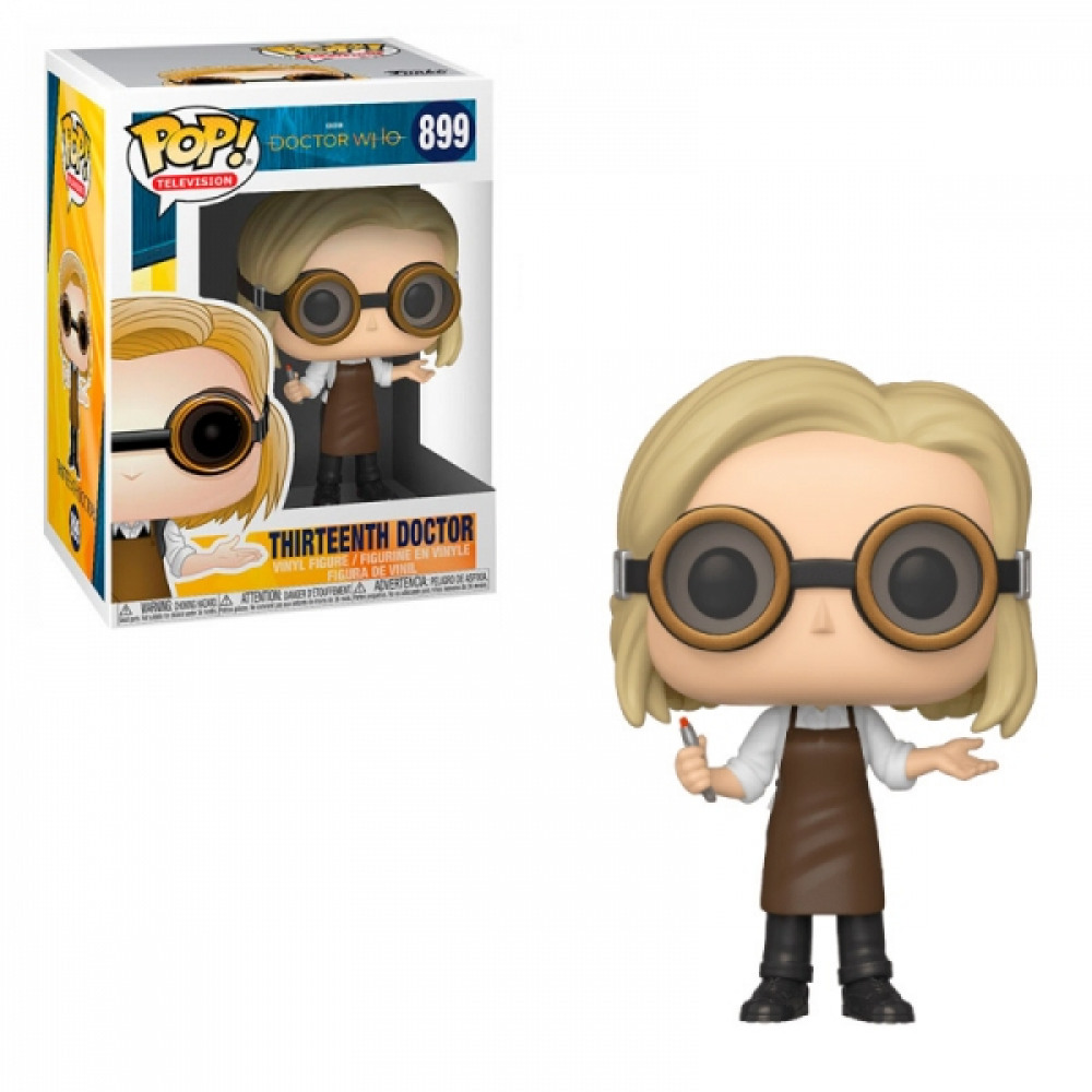 Figurine Funko Pop du Treizième Docteur avec des lunettes, un tablier marron et un tournevis sonique près de sa boîte.