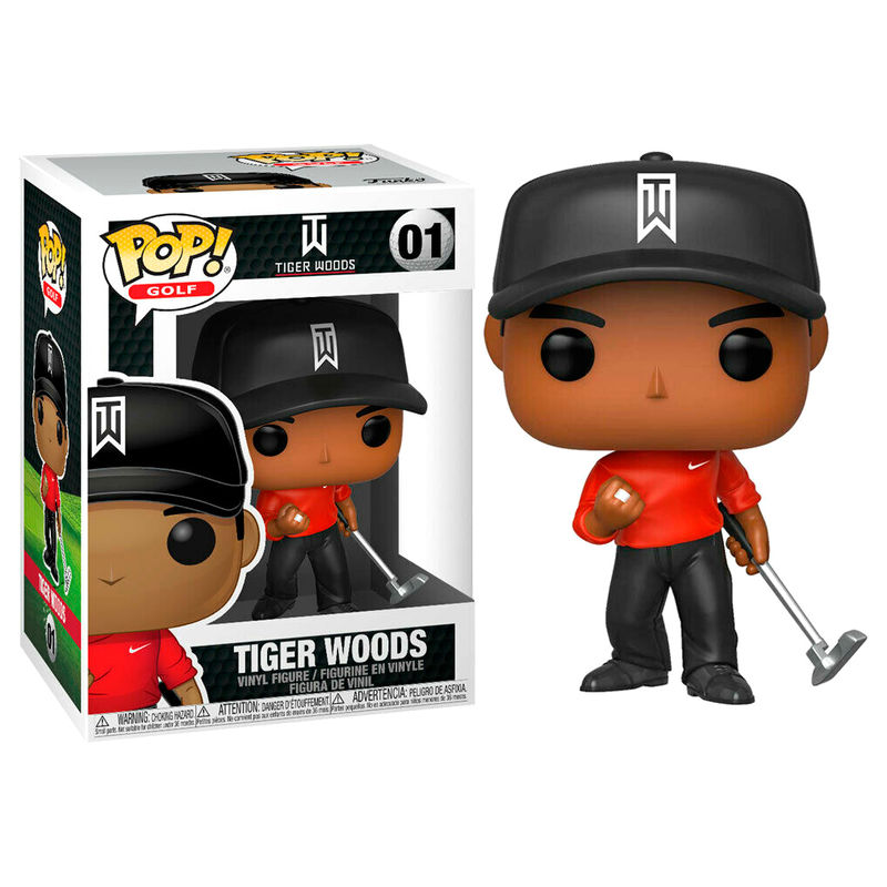 Tiger Woods Funko Pop Vinyl Figur im roten Shirt mit Golfschläger neben der Produktverpackung.