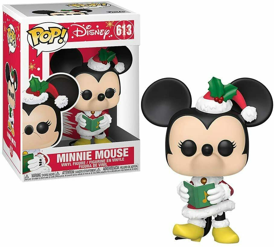 Minnie-Mouse-Funko-Pop-Figur mit Weihnachtsmütze und grünem Buch danebenstehender Verpackung.