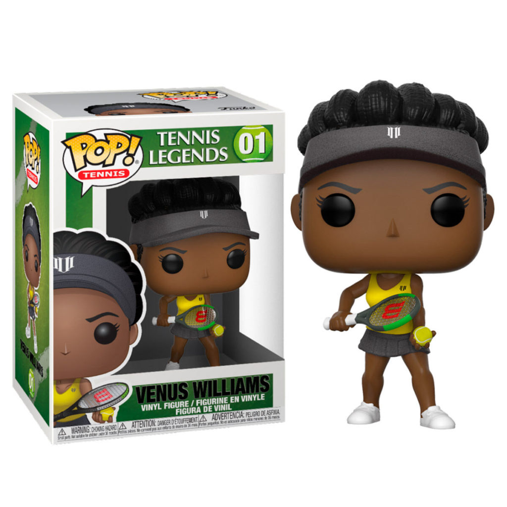 Eine Funko-Pop-Vinylfigur der Tennisspielerin Venus Williams, außerhalb ihrer Box mit Schläger und Tennisball.