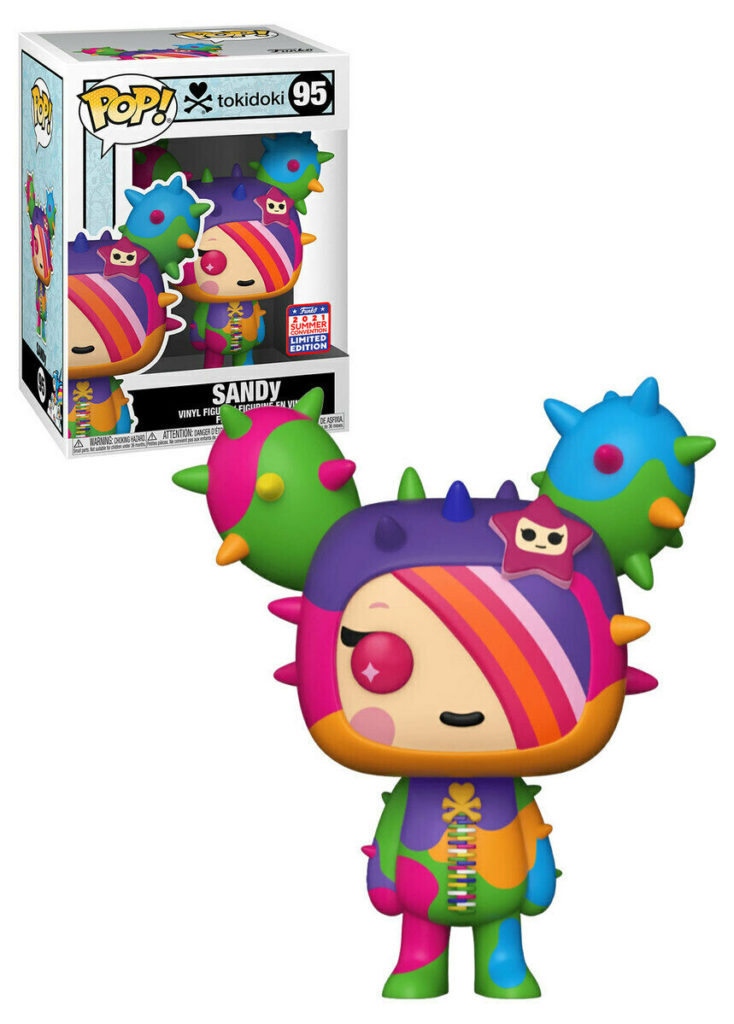 Funko Pop Tokidoki Sandy Vinylfigur mit bunten Kakteendetails vor ihrer Verpackung.