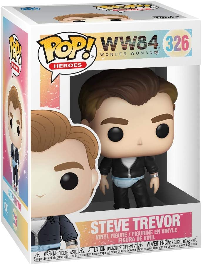 Verpackte Funko Pop Figur von Steve Trevor aus WW84 mit braunen Haaren in schwarzer Kleidung und Bauchtasche.