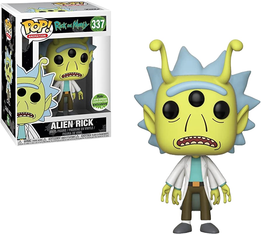 Alien Rick Funko Pop Vinyl Figur mit drei Augen, Antennen und weißem Laborkittel, inklusive Verpackung.