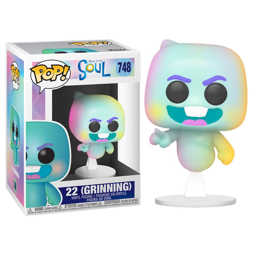 Eine Pop! Vinylfigur der Soul-Figur 22, die in Pastellfarben grinst, neben ihrer Verpackung.