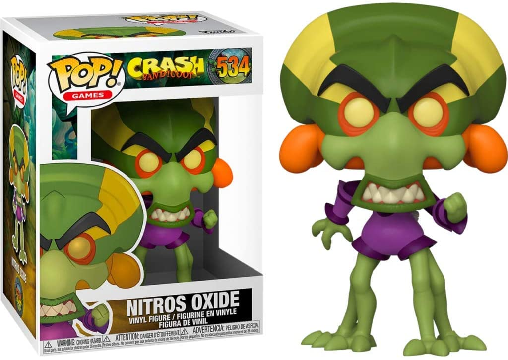 Funko Pop Nitros Oxide Figur aus Crash Bandicoot in Box und außerhalb.