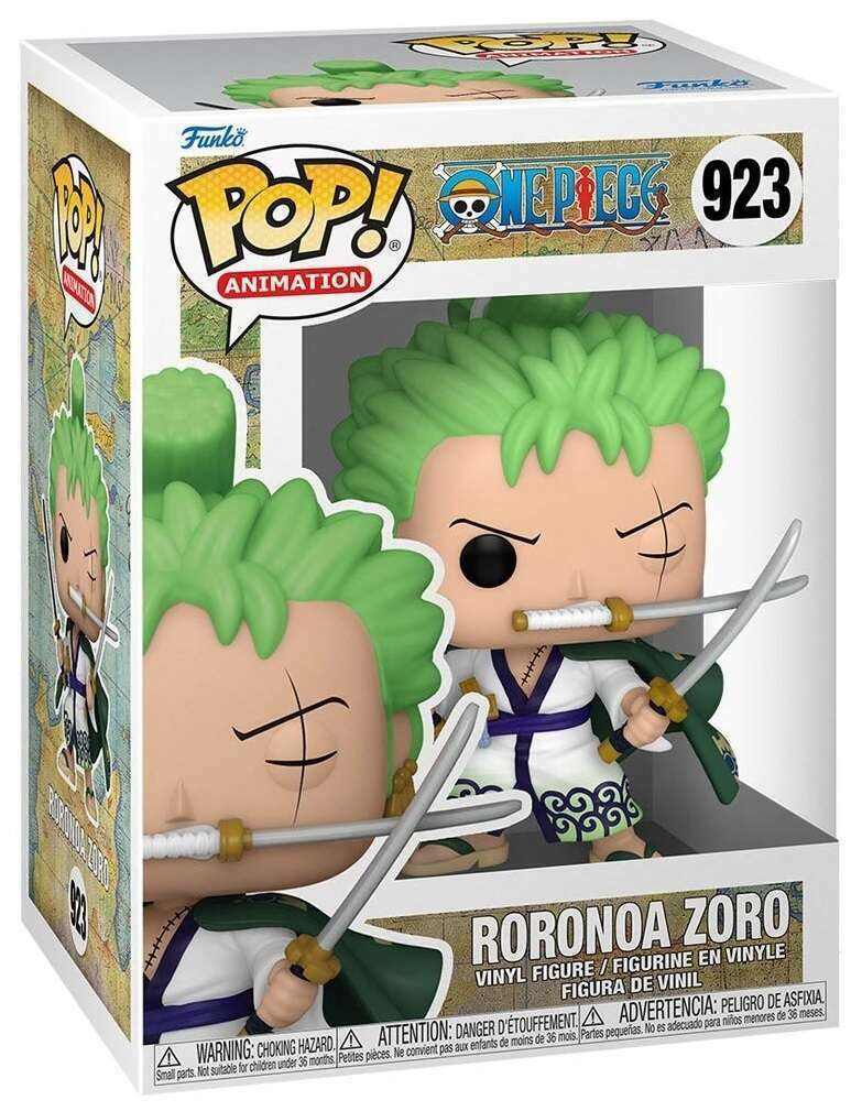 Eine Funko Pop Figur von Roronoa Zoro in einer Sammlerbox mit dem One Piece Logo.