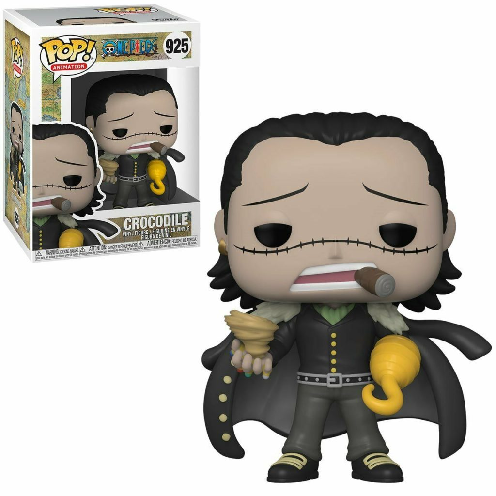 Figura winylowa Funko Pop przedstawiająca Crocodile'a z One Piece, poza pudełkiem i obok opakowania.