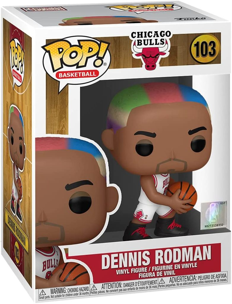 Dennis Rodman Funko Pop Figur im Chicago Bulls Trikot mit Basketball und bunt gefärbtem Haar.