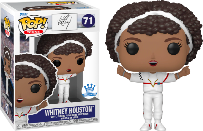 Whitney Houston Pop! Vinylfigur im weißen Jumpsuit mit Stirnband neben ihrer verpackten Box.