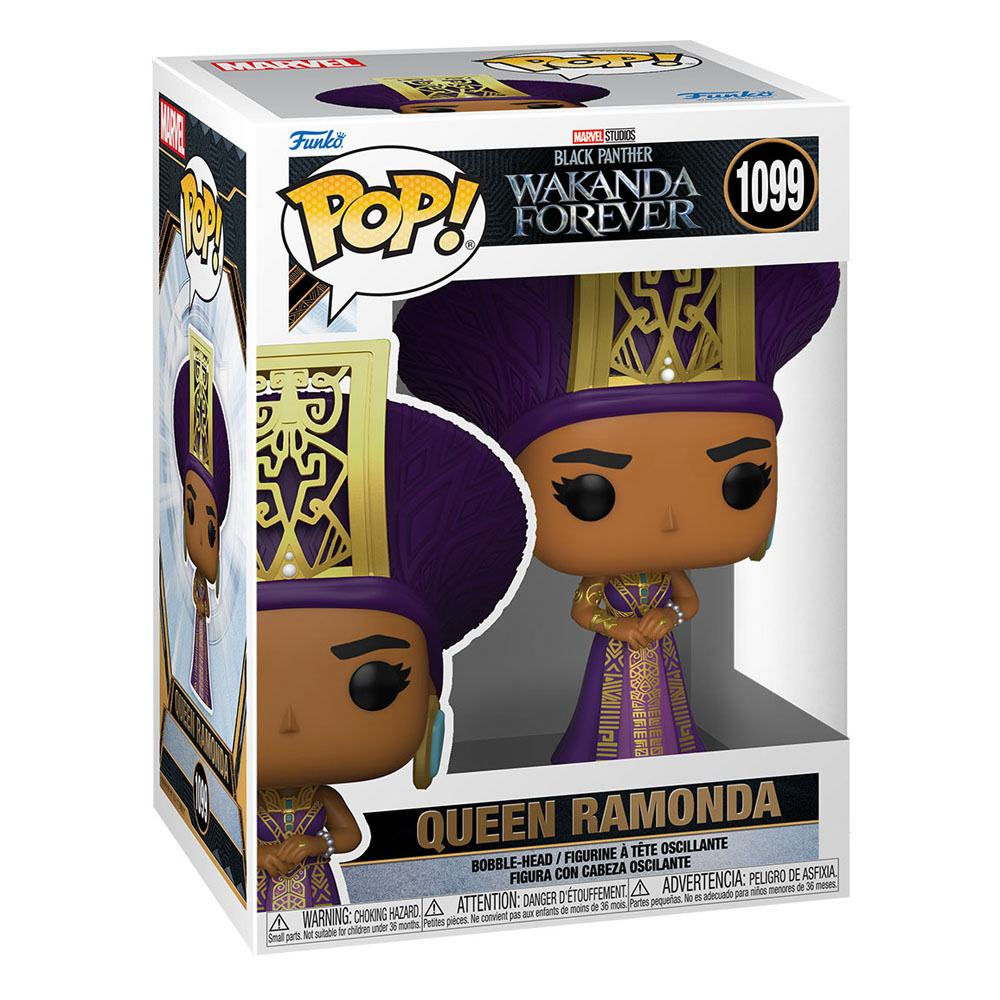 Funko Pop della regina Ramonda da Black Panther Wakanda Forever nella sua confezione.