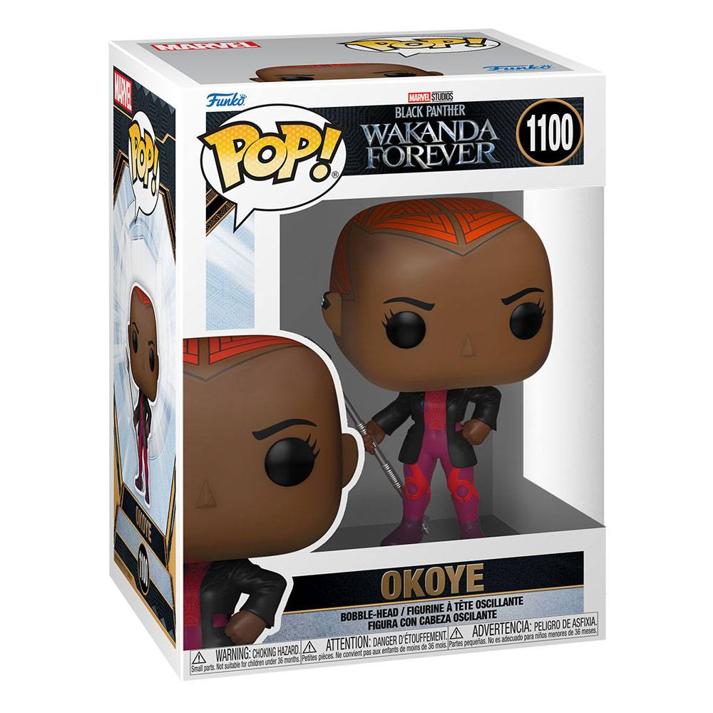 Figure Funko Pop di Okoye da Black Panther: Wakanda Forever nella sua scatola originale.