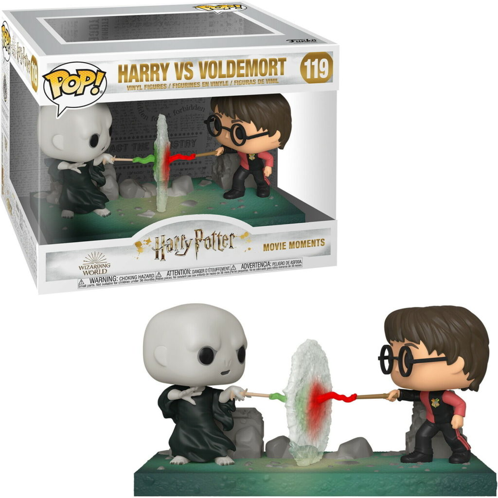 Harry Potter und Voldemort Funko Pop Figur beim Zauberduell in ihrer Verpackung.
