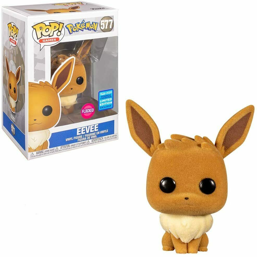 Eine beflockte Eevee Funko Pop Figur neben ihrer Schachtel auf weißem Hintergrund.