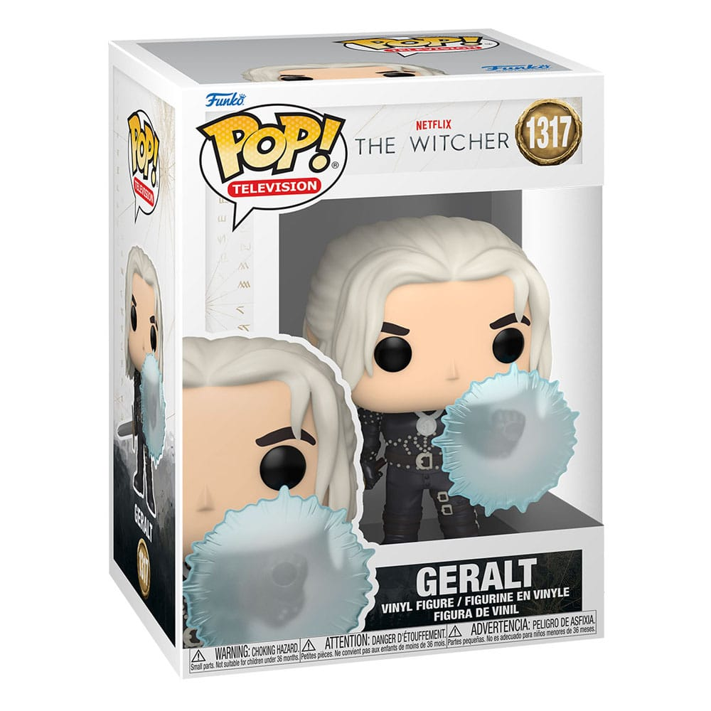 Figura in vinile Funko Pop di Geralt da The Witcher con un effetto magico blu.