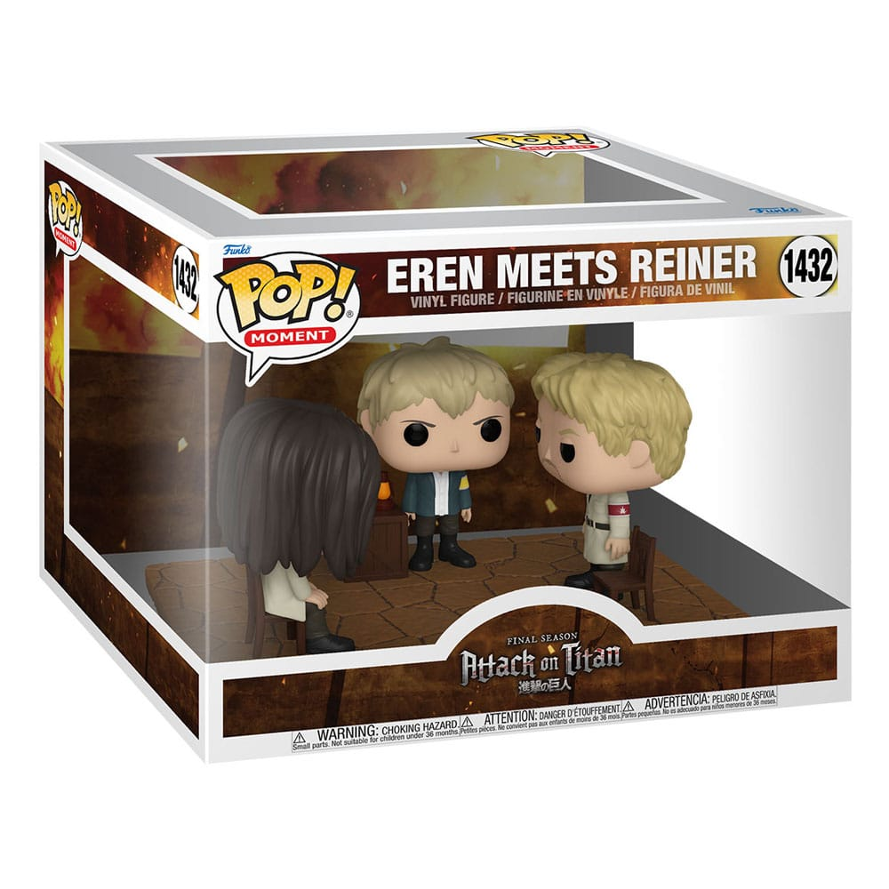 Funko Pop Moment-Sammelbox mit Eren und Reiner aus Attack on Titan in einer brennenden Raumkulisse.