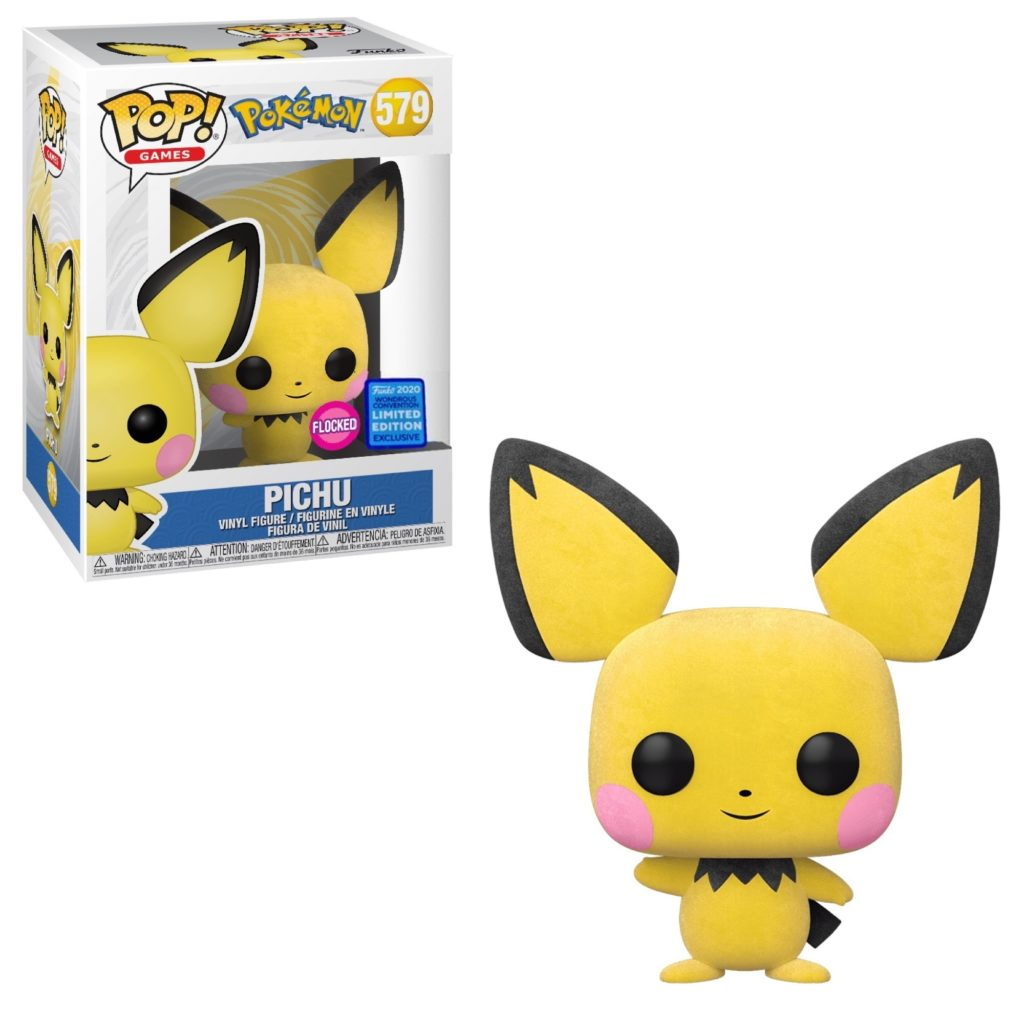 Eine beflockte Pichu Funko Pop Vinylfigur neben ihrer Schachtel mit gelbem Körper und schwarzen Ohrenspitzen.
