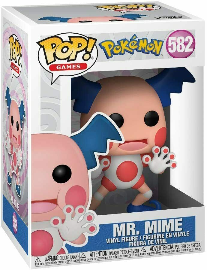 Mr. Mime Funko Pop Vinyl Figur in ihrer originalen Verpackung mit Pokémon-Thema.