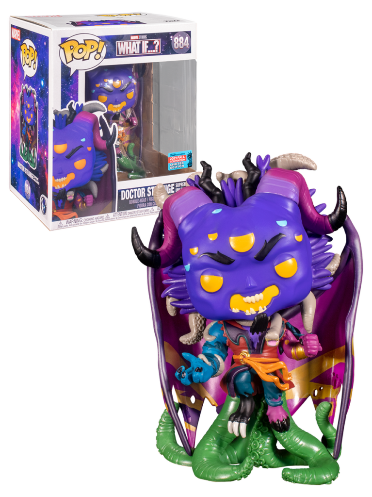Figura Funko Pop de Doctor Strange con múltiples ojos y tentáculos junto a su caja.
