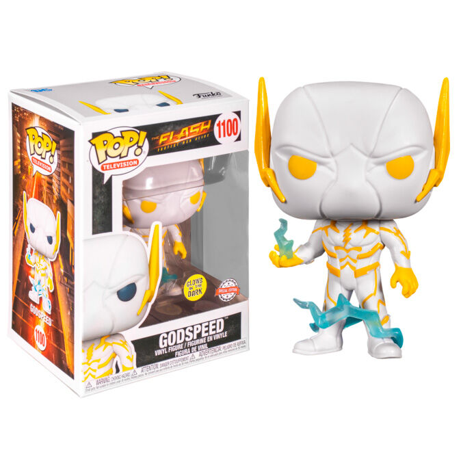 Figura Funko Pop de Godspeed en blanco con detalles amarillos y rayos azules junto a su caja.