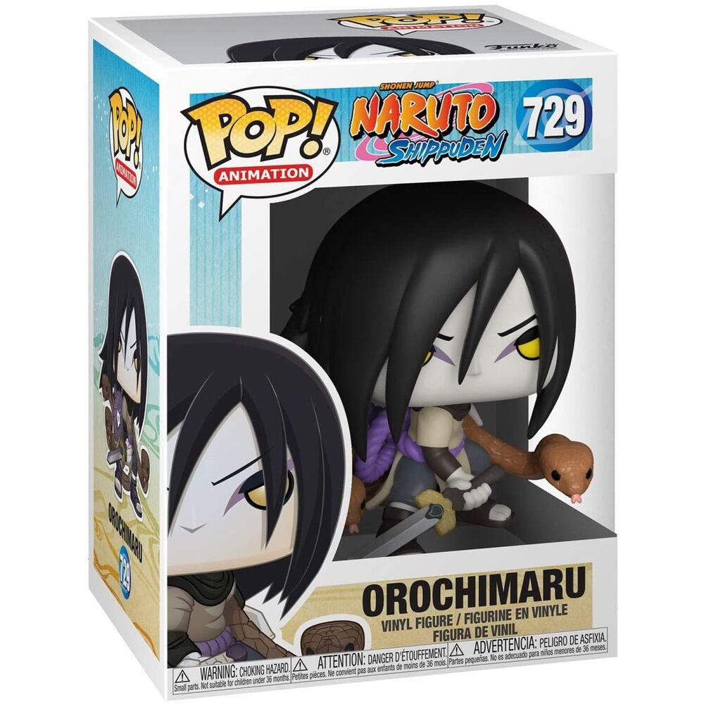 Orochimaru Funko Pop Vinyl-Figur in Schachtel mit Naruto Shippuden Branding und Schlangen-Zubehör.