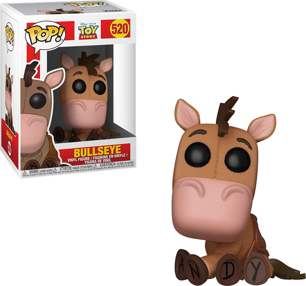 Funko Pop Vinylfigur von Bullseye aus Toy Story neben seiner Verpackung mit Aufschrift Andy auf den Hufeisen.