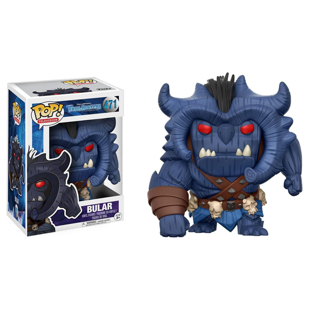 Bular Funko Pop Figur mit blauer Haut, Hörnern und rotem Blick, stehend neben seiner bunten Verpackung.