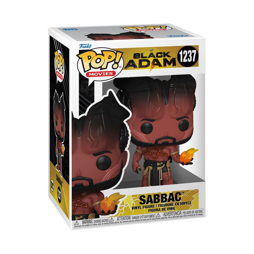 Eine Funko Pop Figur von Sabbac aus Black Adam in seiner originalen, schwarz-gelben Sammlerbox.