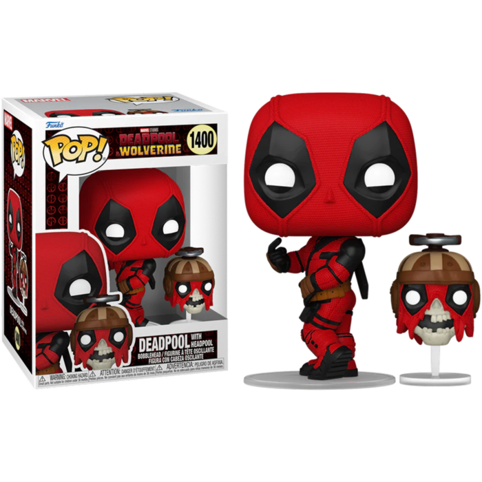 Figurine Funko Pop Deadpool en costume rouge avec une tête miniature de Headpool à côté de sa boîte.