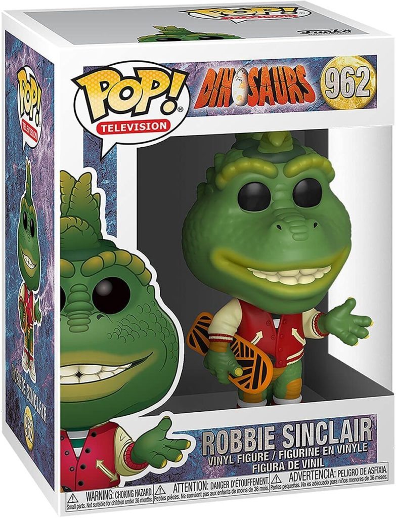 Eine Funko Pop Figur von Robbie Sinclair in ihrer ungeöffneten bunten Sammlerbox.