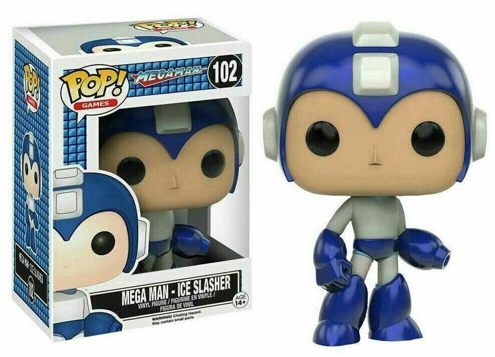 Funko Pop Mega Man Ice Slasher Vinyl-Figur Nummer 102 neben ihrer illustrierten Schachtel.