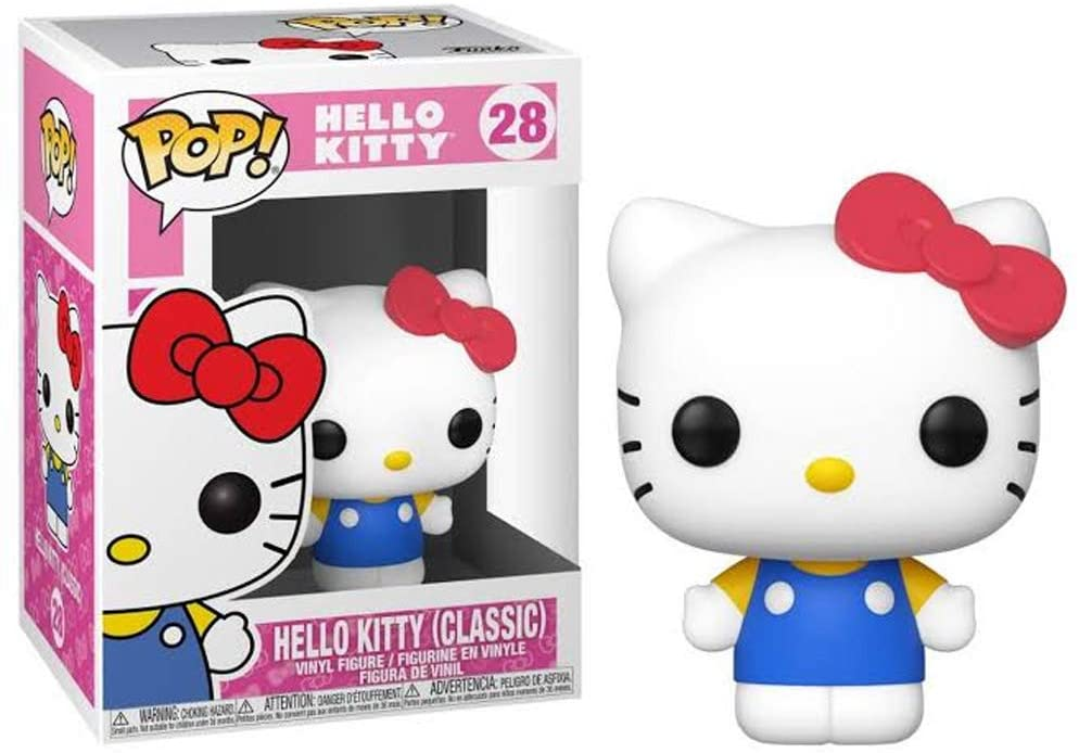Hello Kitty Funko Pop Vinylfigur in blauer Latzhose mit roter Schleife neben ihrer bunten Verpackung.