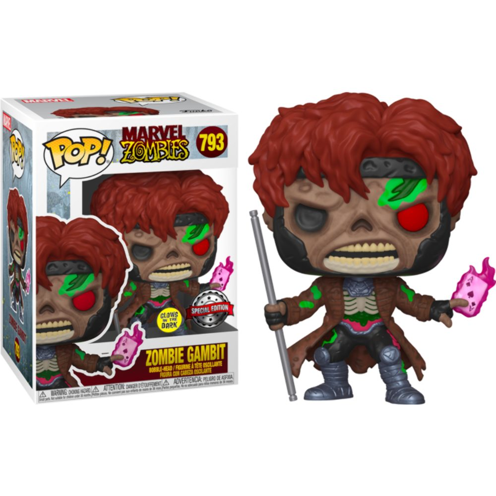 Zombie Gambit Funko Pop Figur mit rotem Haar und brennender Spielkarte neben ihrer Verpackung.