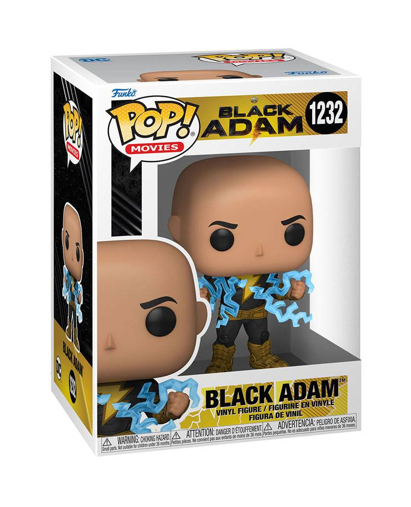Eine Funko Pop Black Adam Vinylfigur in Originalverpackung mit blauen Blitzeffekten.