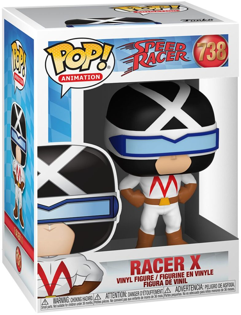Eine Speed Racer X Funko Pop Figur in ihrer Box mit schwarz-weißem Helm und blauem Visier.