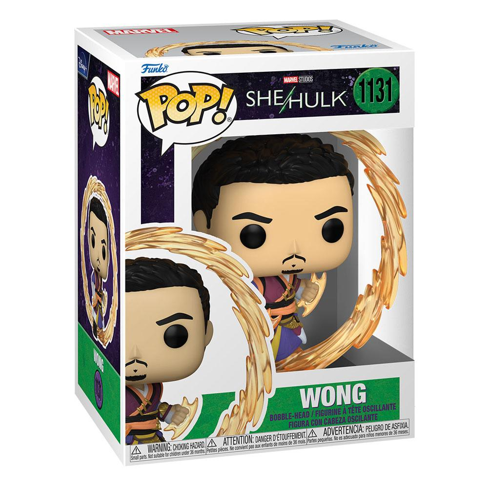 Figurka Funko Pop Marvel numer 1131 przedstawiająca Wonga w pudełku z złotymi efektami magii.