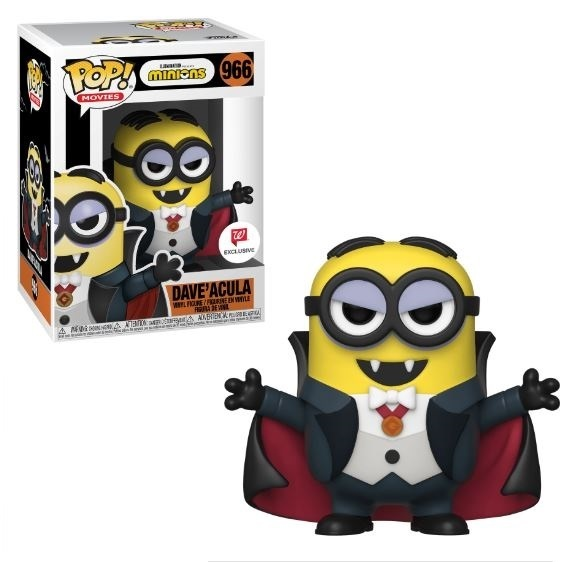 Eine Pop!-Vinylfigur von Dave'acula aus Minions als Vampir verkleidet neben ihrer Verpackungsschachtel.