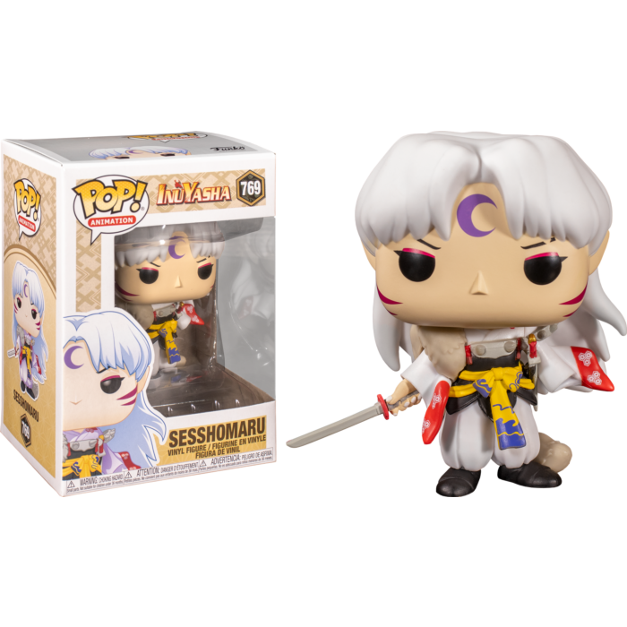 Sesshomaru Funko Pop Figur mit weißem Haar und Schwert danebenstehend in ihrer Box.