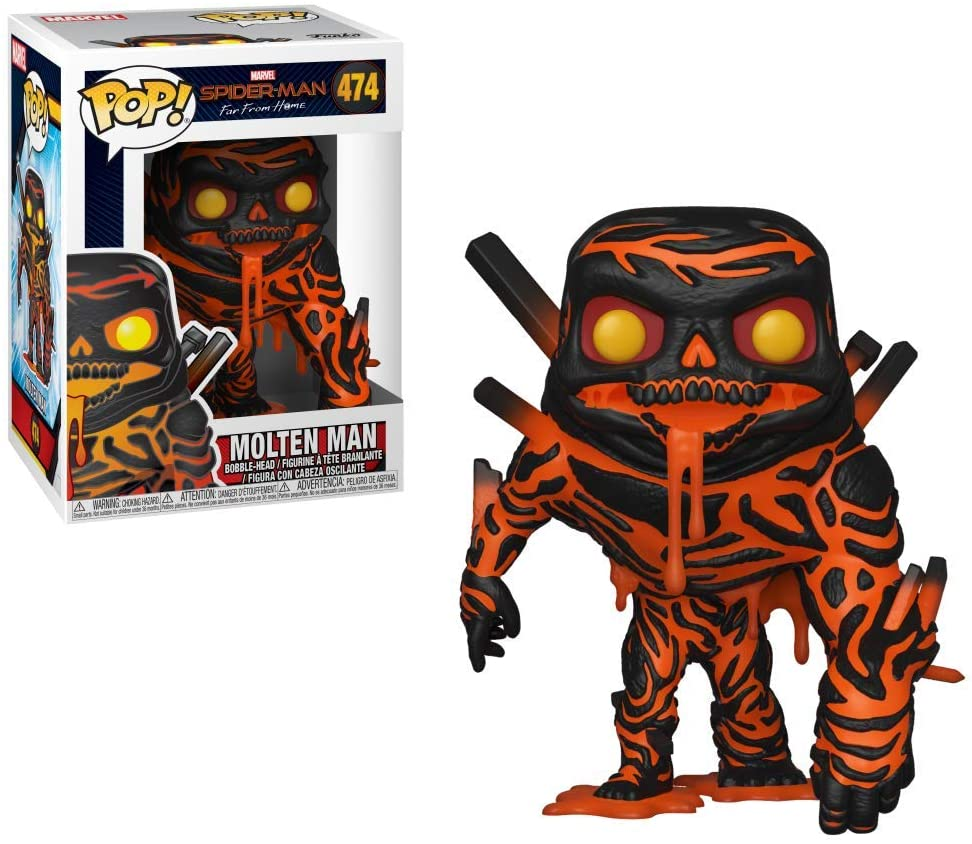 Funko Pop Figur von Molten Man mit schwarz-oranger Lava und gelben Augen, stehend neben seiner Verpackung.