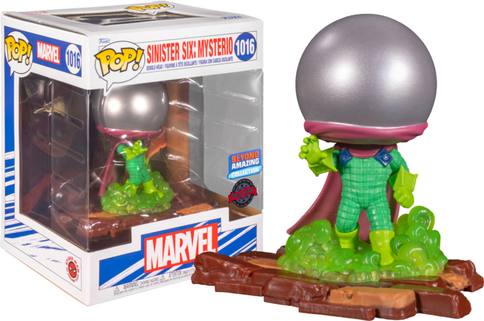 Figura Funko Pop de Marvel de Mysterio con casco redondo y traje verde junto a su caja.